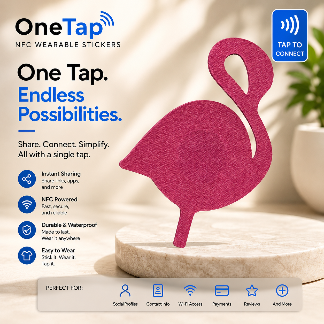 Hot Pink Flamingo Smart Fabric Tags Wearable Sticker