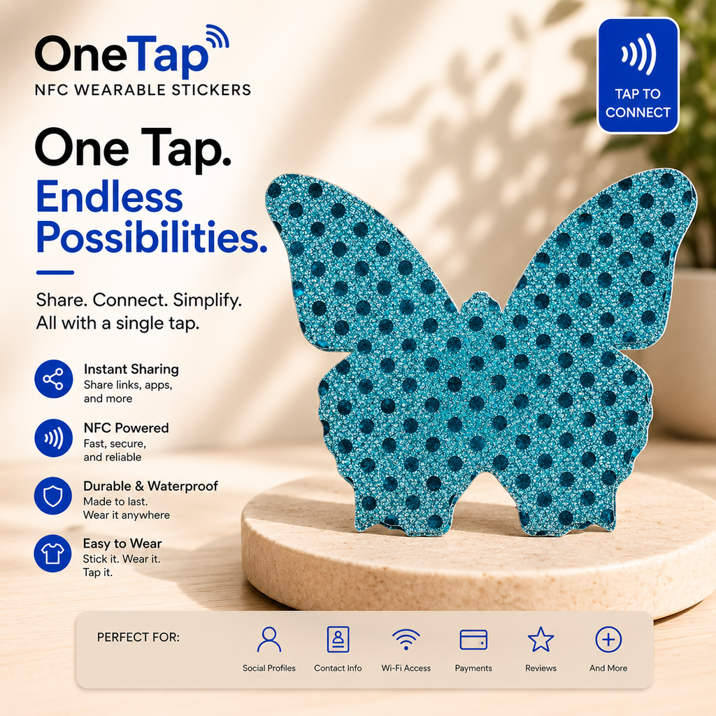 Butterfly Aqua Glitter Dots Smart Tags Wearable Sticker