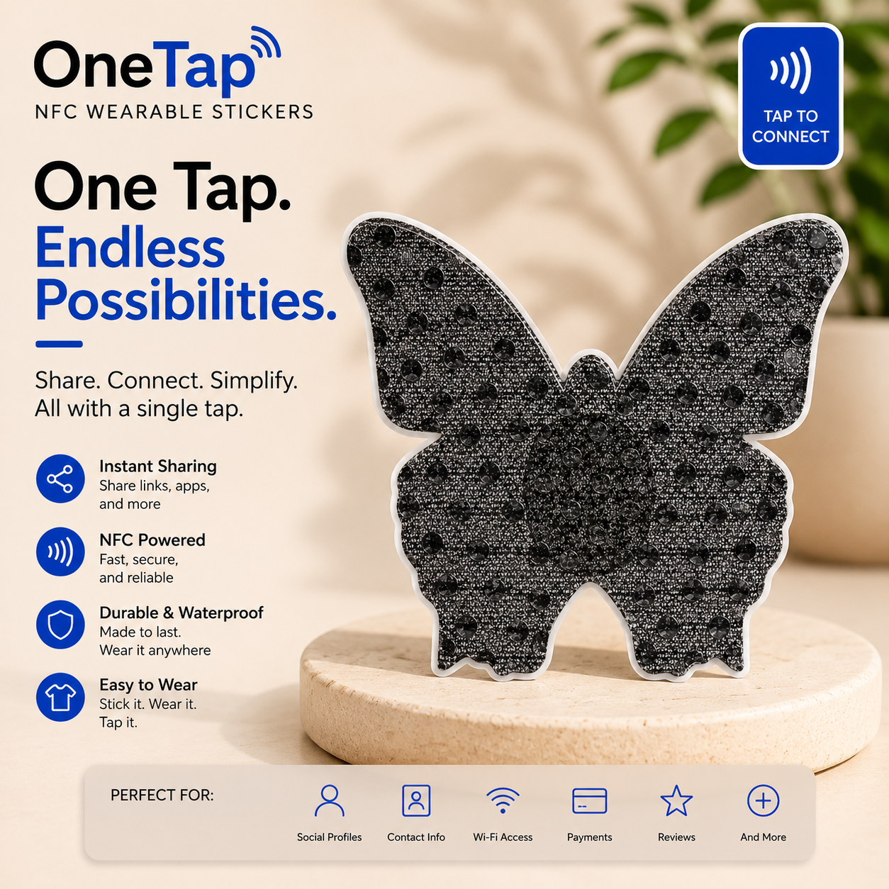 Butterfly Black Glitter Dots Smart Tags Wearable Sticker