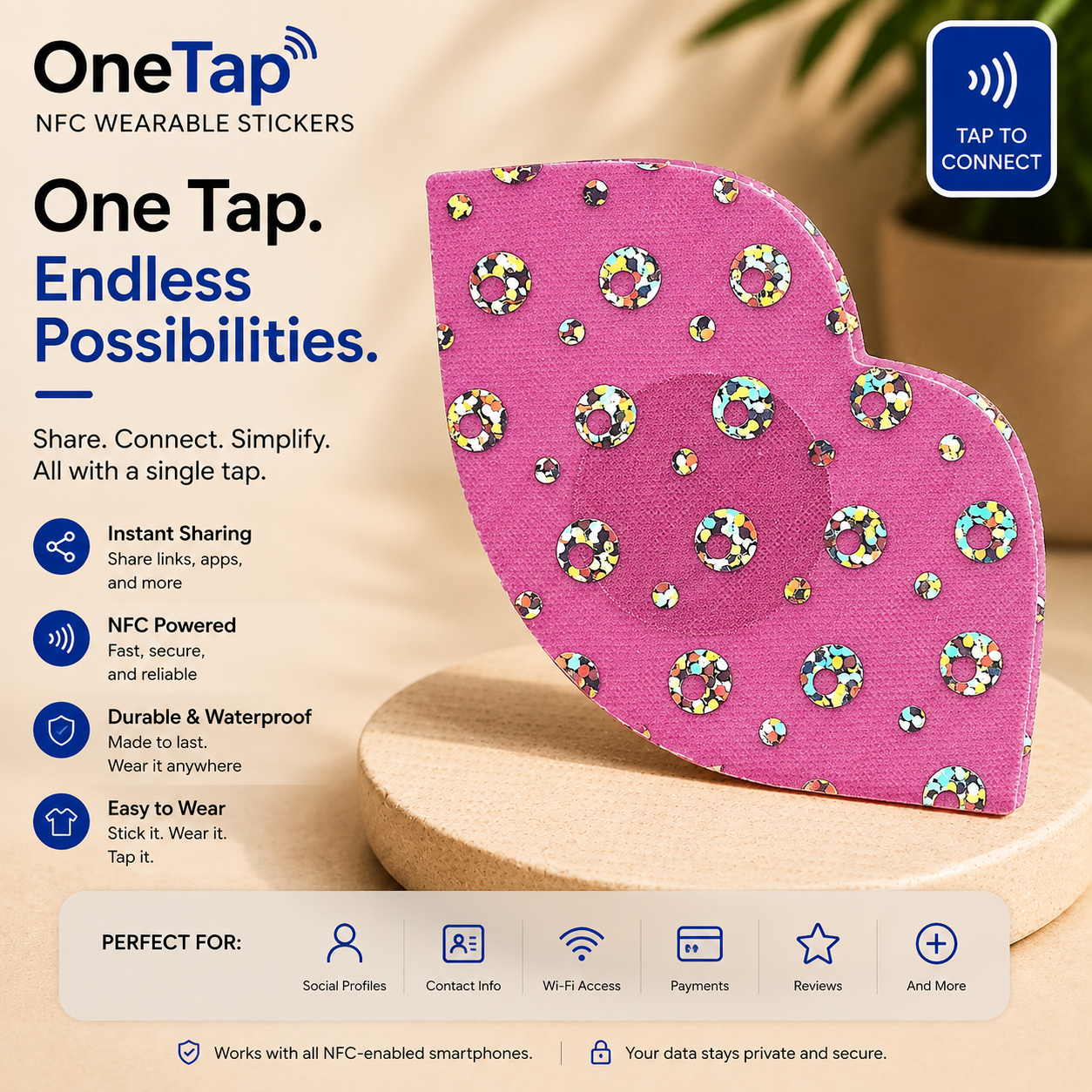 Lips Pink Glitter Dots Smart Tags Wearable Sticker