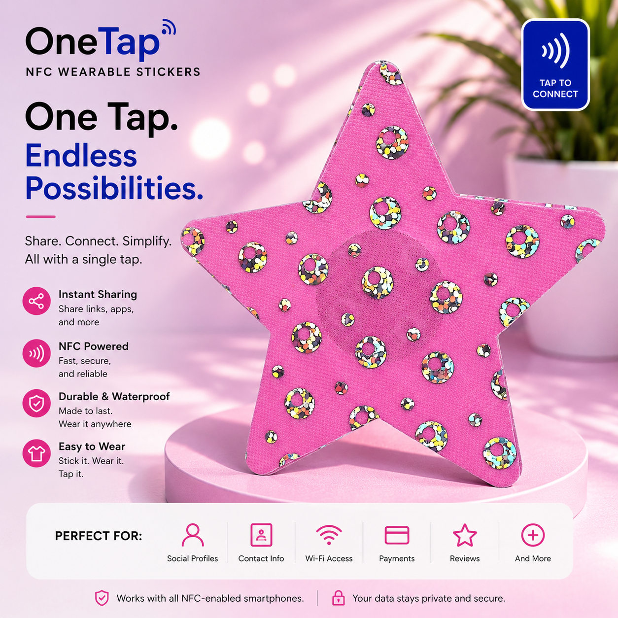 Star Pink Silver Glitter Dots Smart Tags Wearable Sticker