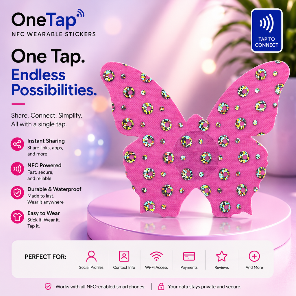 Butterfly Pink Silver Glitter Dots Smart Tags Wearable Sticker