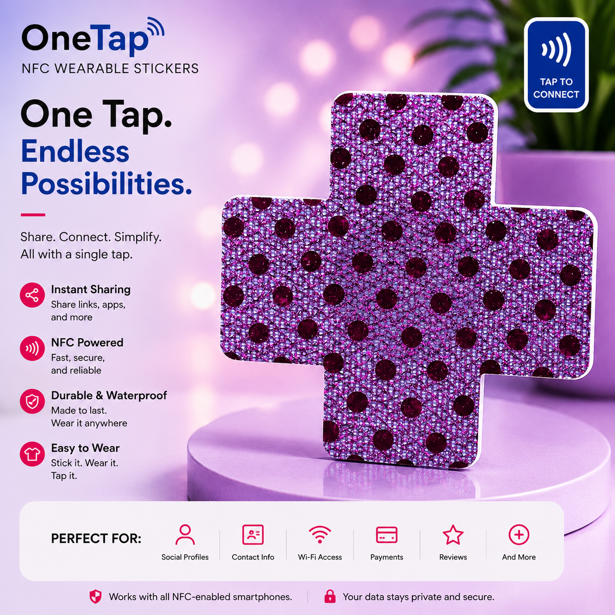 Cross Purple Glitter Dots MD Smart Tags Wearable Sticker