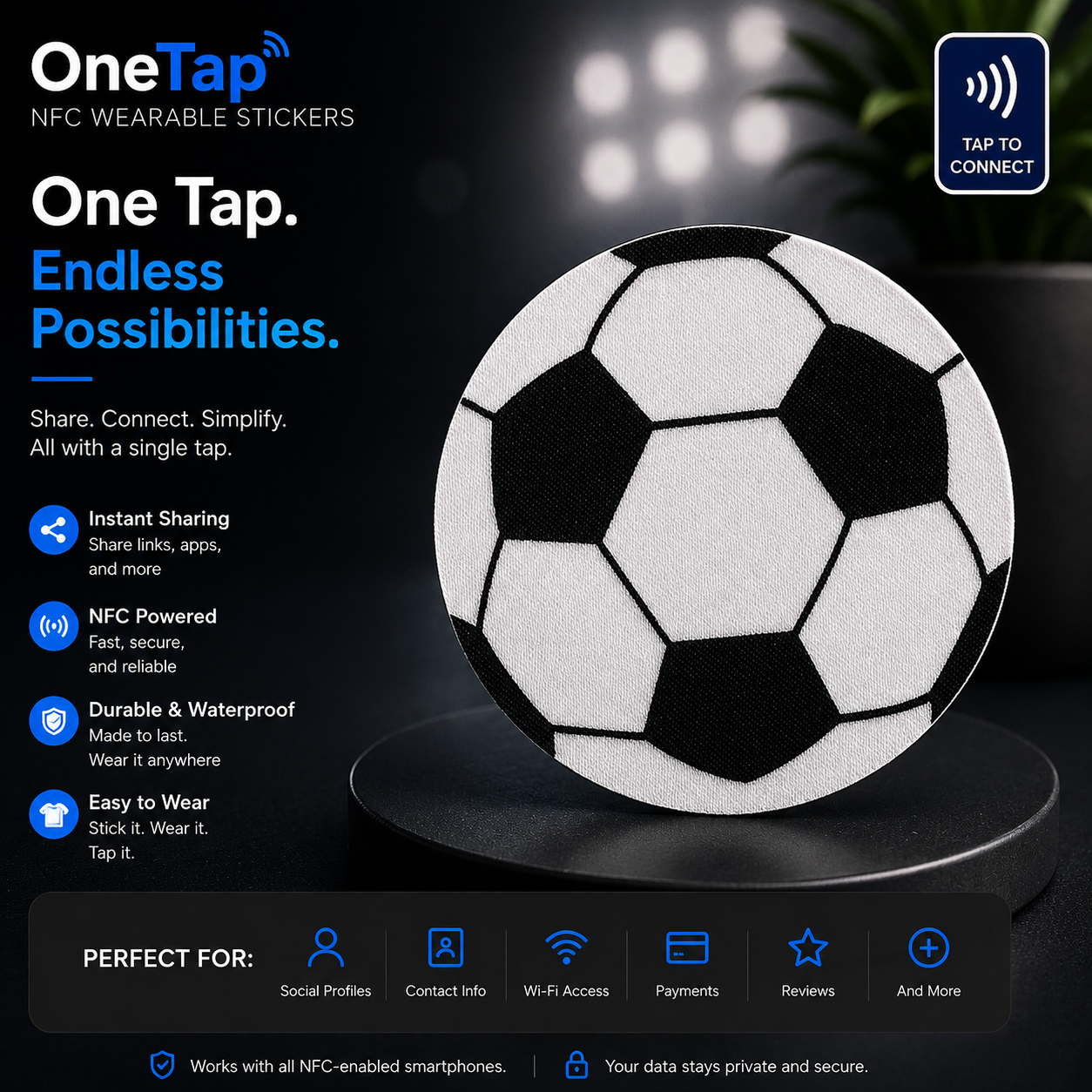 Round Black White Soccer Ball Smart Tags Wearable Sticker