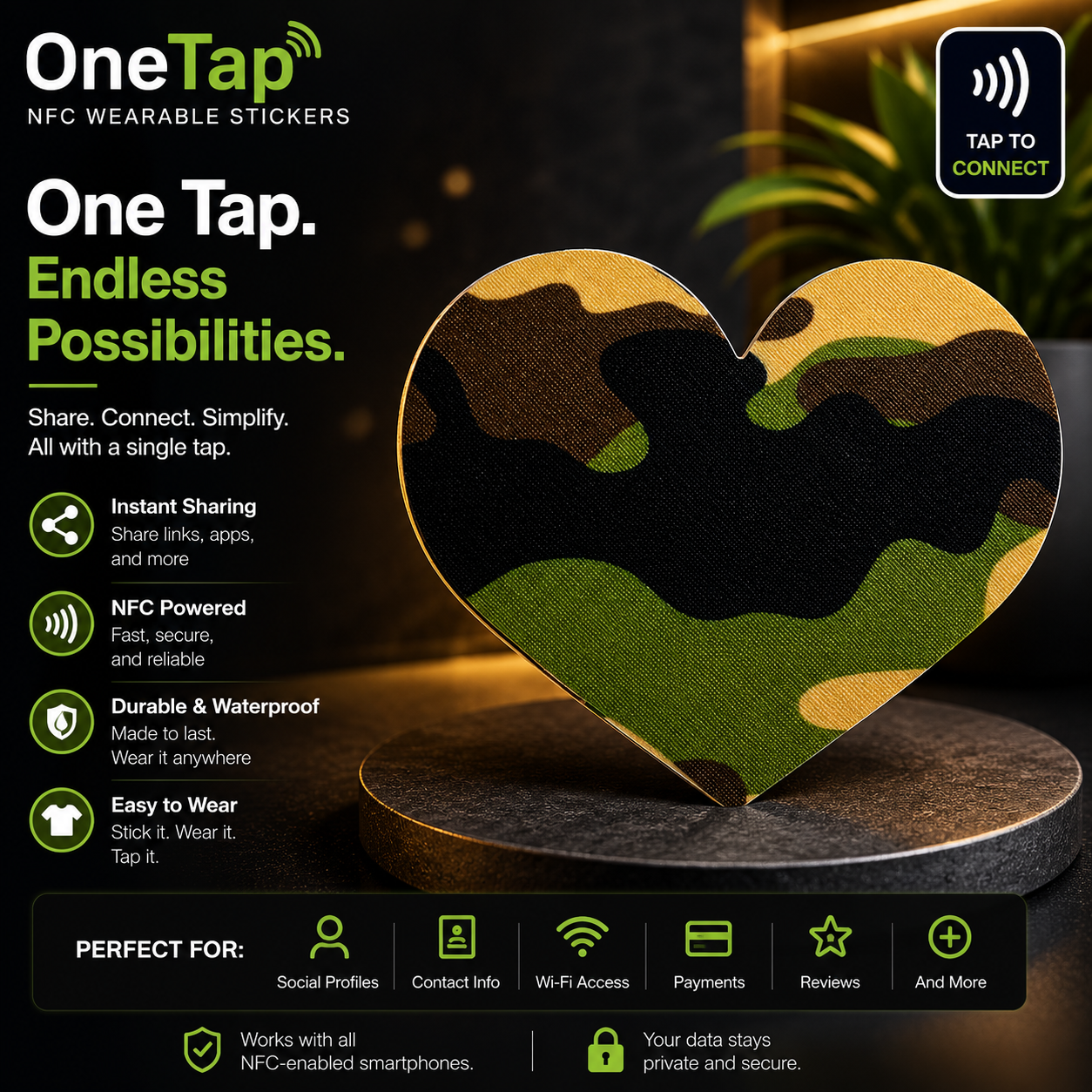 Heart Green Camouflage Smart Tags Wearable Sticker