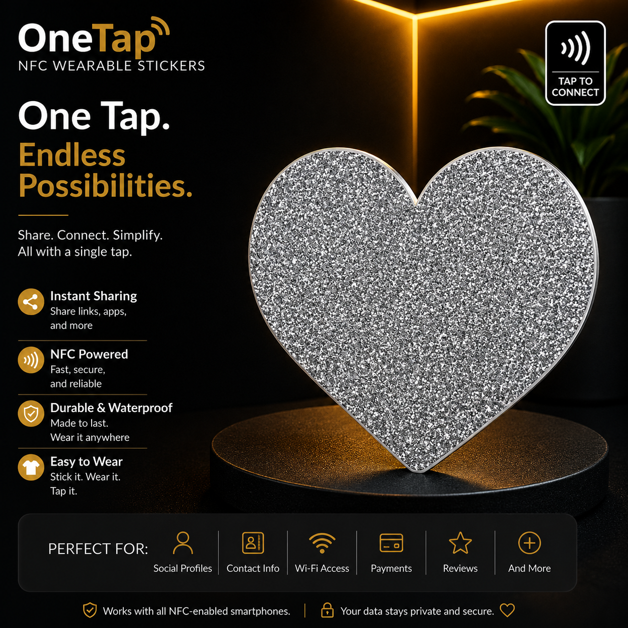 Heart Silver Glitter Smart Tags Wearable Sticker