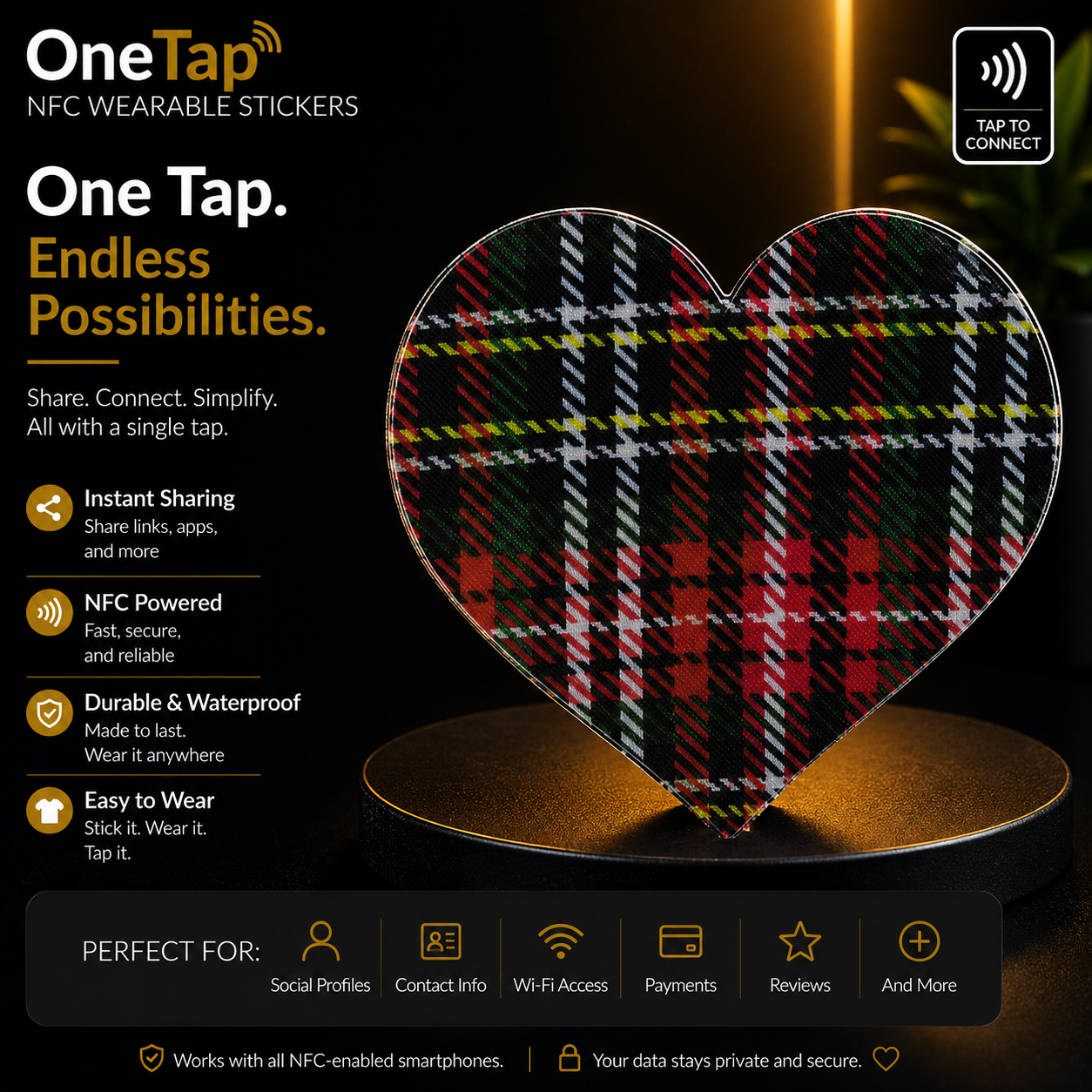 Heart Red Black Plaid Smart Tags Wearable Sticker
