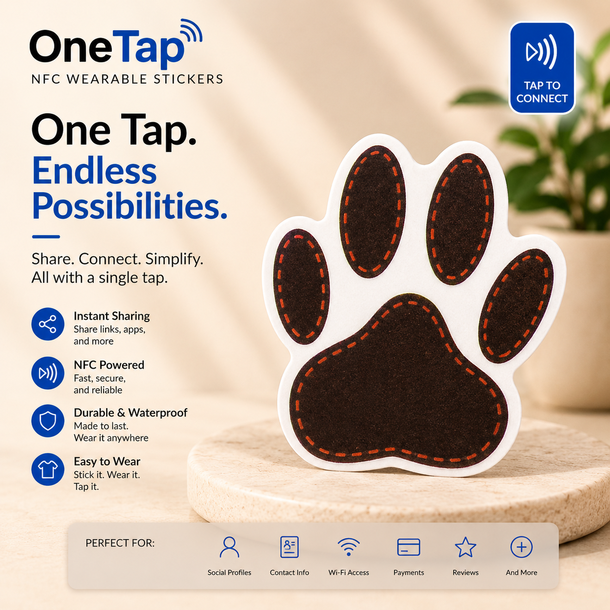Brown Paw Print Orange Stitching NFC Sticker