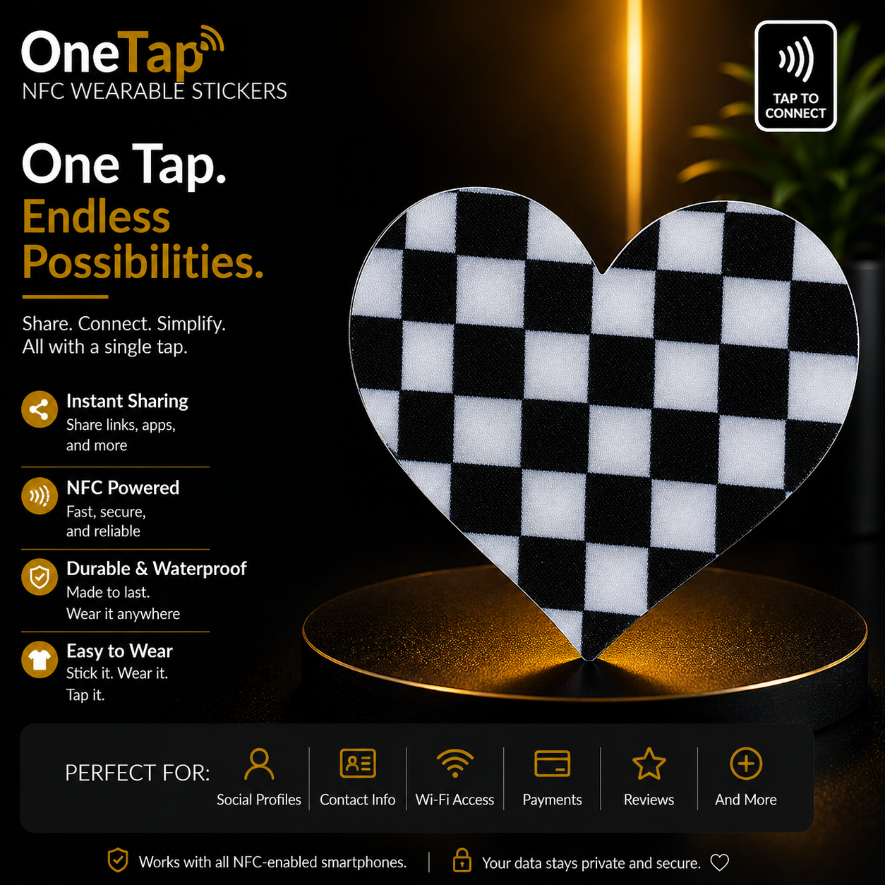 Heart Black White Checkerboard Smart Tags Wearable Sticker
