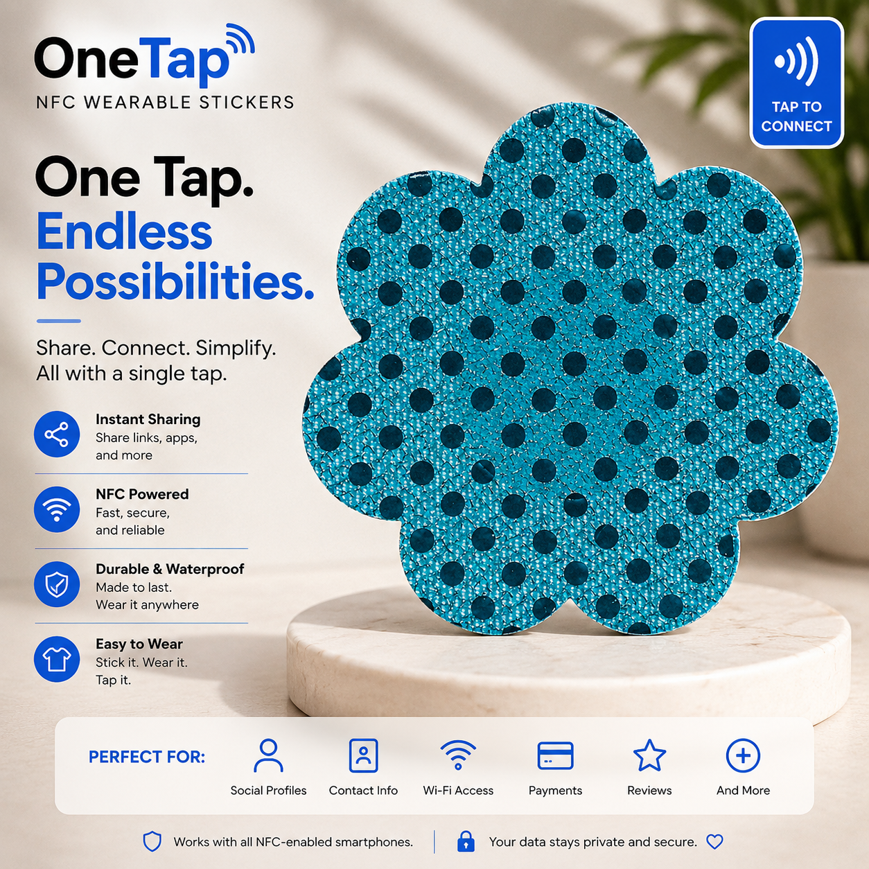 Daisy Aqua Blue Glitter Dots Smart Tags Wearable Sticker