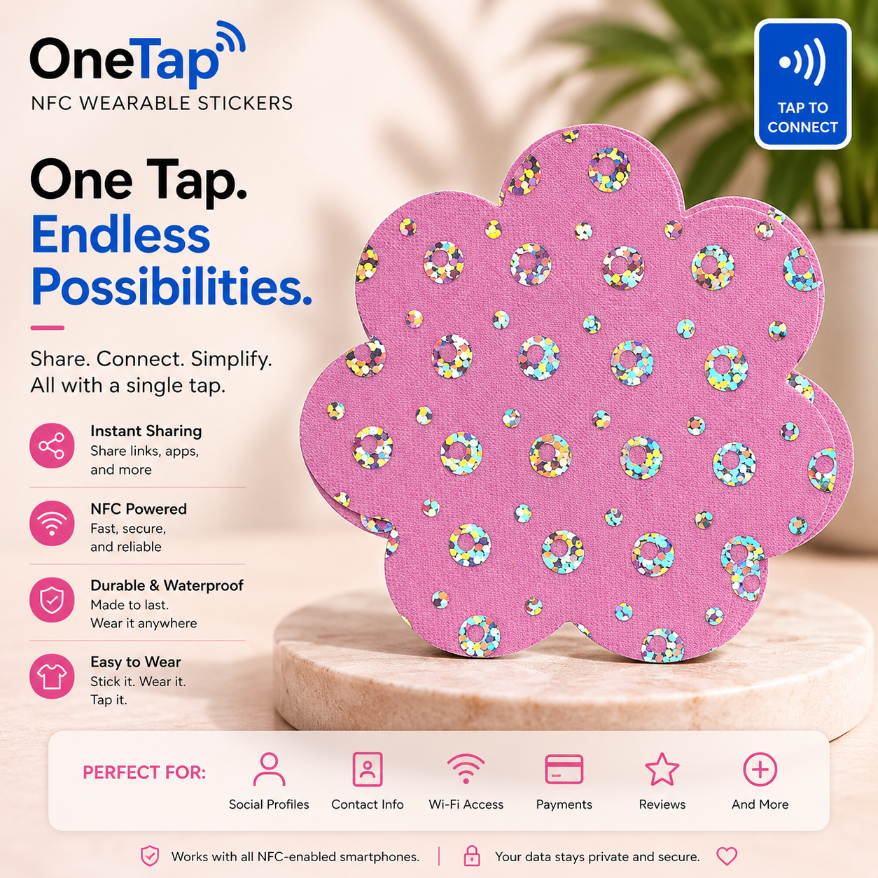Daisy Pink Glitter Dots Smart Tags Wearable Sticker