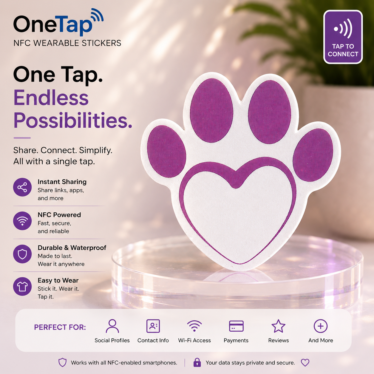 Purple Heart Shaped Paw Print SM NFC Sticker