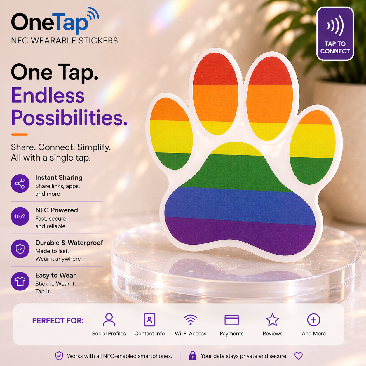 Rainbow Paw Print Sticker with NFC