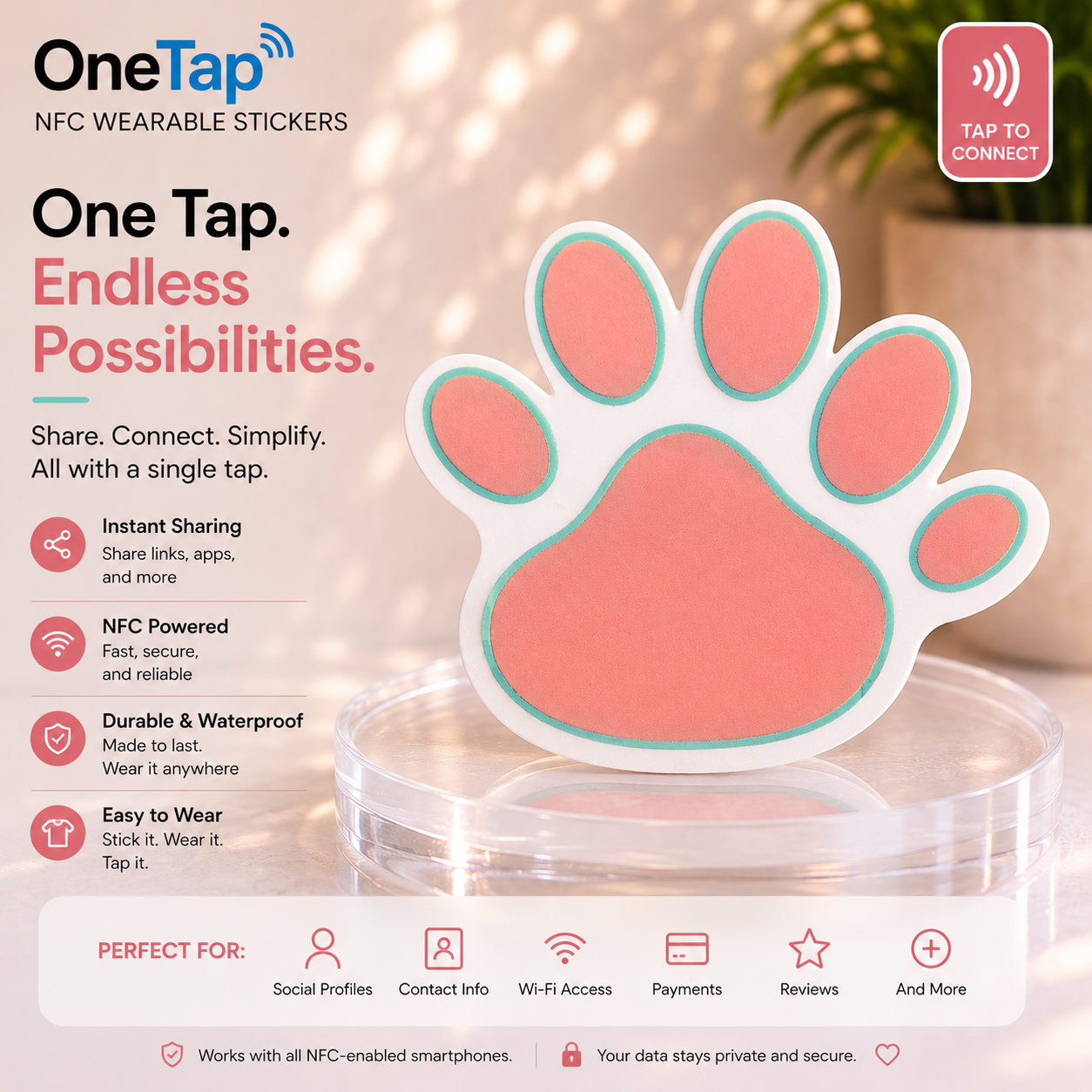 Pink Paw Print Blue Outline Sticker with NFC
