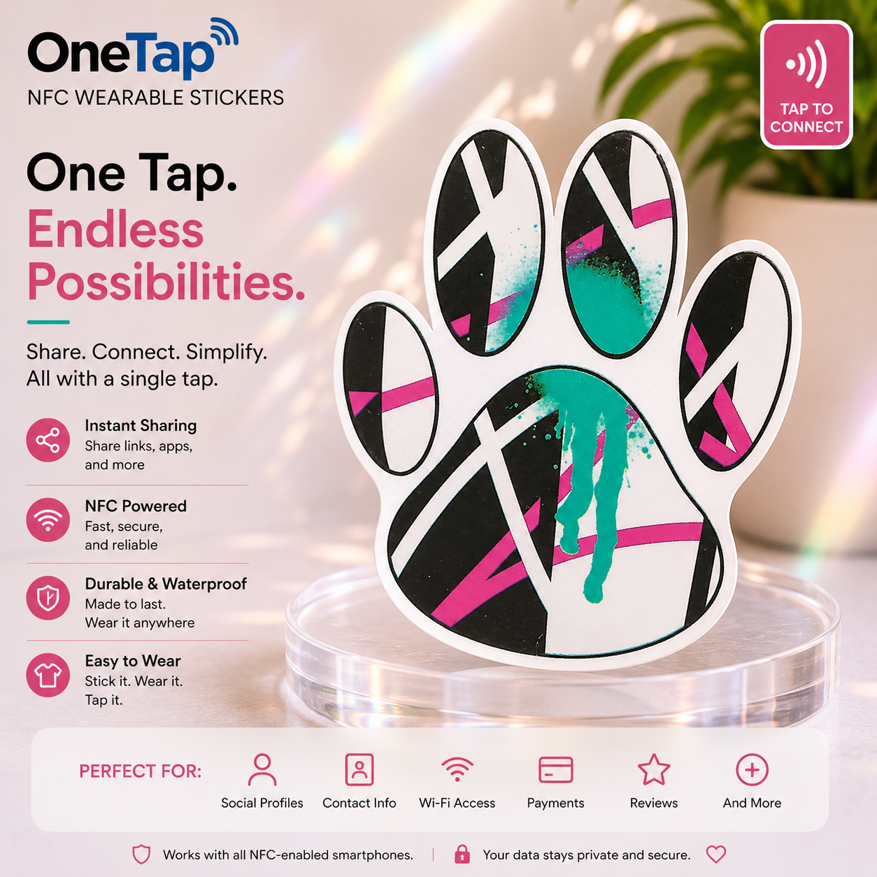 Retro 80's Paw Print Black Aqua Fuchsia Sticker with NFC